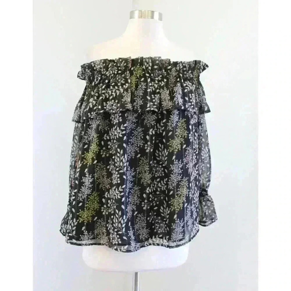 NWT Ann Taylor Loft Black Metallic Floral Ruffle Off the Shoulder Top Blouse S - Picture 2 of 10